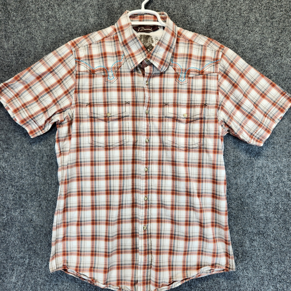 7 Diamonds Shirt Men L Orange Brown Plaid Pearl Snap Button Up Cotton Casual